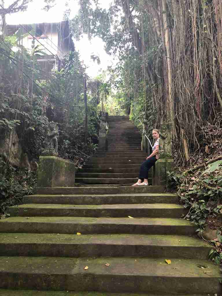 Georgie on the steps at Tjampuan up to Penestanan Village