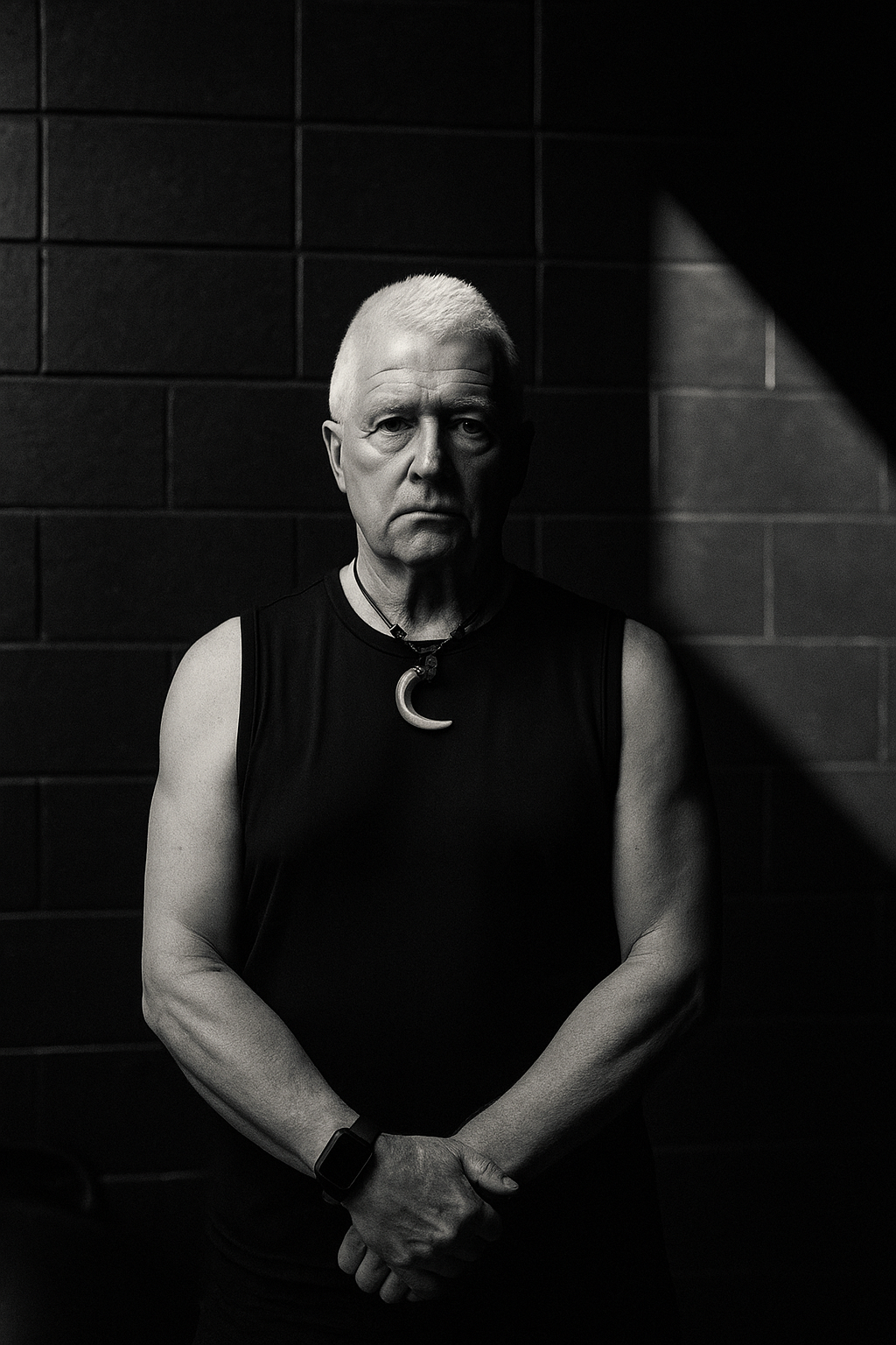 Black and white portrait of Gary Collier one week after hernia surgery, standing in a gym environment, symbolising strength and recovery.