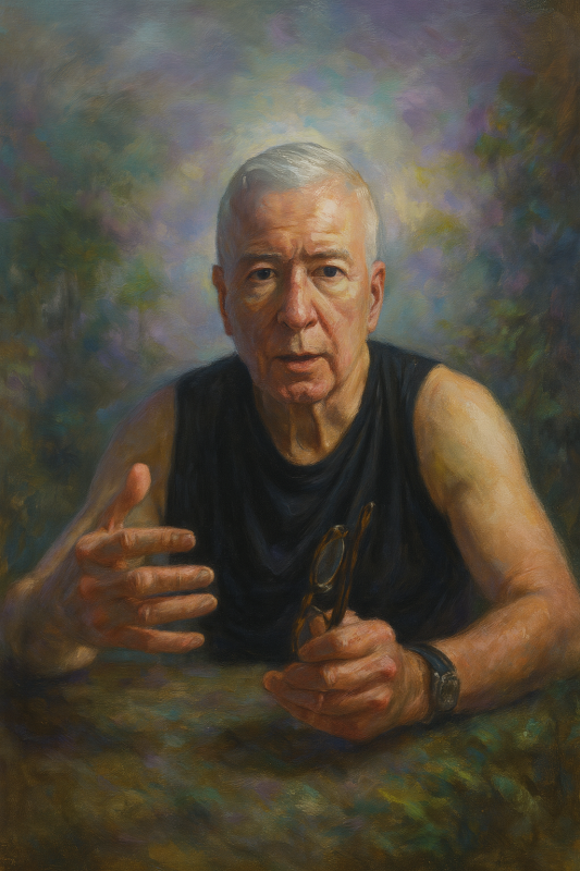 Oil painting portrait of a thoughtful older man in a sleeveless black shirt, seated at a rustic table and gesturing with one hand while holding eyeglasses, against a moody, painterly background symbolizing creativity, introspection, and personal growth in later life.